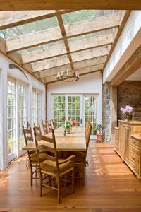 Dining Sunroom With White Walls With Shades Of Wood