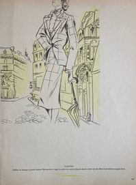 Carven P/E 1947, tailleur en lainage à grands damiers bleu marine et rouge, blouse en piqué blanc. Illustration de M.K.S. (Karsavina).