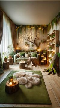 Step into a tranquil, enchanted forest within the comfort of your home. This serene living space blends natural elements with fairy-tale charm, featuring a moss-green couch, tree trunk tables, and fairy lights that dance across the ceiling. Perfect for those seeking a magical retreat. #FantasyDecor #EnchantedInteriors #CozyHome #LivingRoomInspiration #NatureInspired