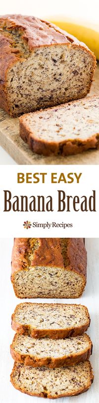 Easiest banana bread ever! No need for a mixer! Delicious and easy, classic banana bread recipe. Most popular recipe on SimplyRecipes.com Perfect for #MothersDay!