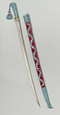 Turquoise studded, gold inlaid saber with red velvet decorated scabbard, Uzbekistan, circa 1860-1870. From The State Hermitage Museum, St. Petersburg.