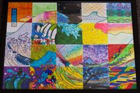 G5 collaborative art project - Hokusai's Great Wave off Kanagawa, gridded, cut into squares for each student to color in with mixed media; could be done with any large image