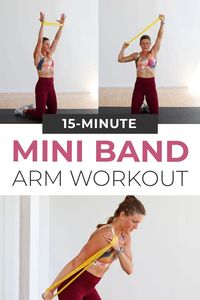 Six of the best resistance band arm exercises that you can do absolutely anywhere! All you need is a mini band to complete this quick, 15-minute resistance band arm workout. This is one of my favorite arm workouts to add onto a run. It's also a great quick and effective upper body workout when you're short on time or traveling. Hit the shoulders, chest, back, bicep and triceps all in just 15 minutes with this banded arm workout!