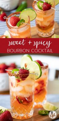 Sweet + Spicy Bourbon Cocktail #strawberry #jalapeño #bourbon #gingerbeer #summer #cocktail #recipe #spicy