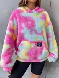 Isenção de responsabilidade: devido ao processo de tingimento especializado, cada peça de roupa é únicaTie Dye Detalhe Remendo Ombro Caído Capuz Pelúcia Multicolorido Casual  Manga Comprida Flanela Tie Dye Pulôveres Não elástico  Women Clothing, size features are:Bust: ,Length: ,Sleeve Length: