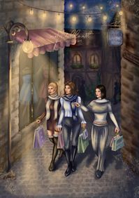 These are the Inner Circle’s girls, on a shopping spree in Velaris, Night court.   They are characters from A court of thrones and roses by Sarah J. Maas  #sarahjmaas #sarahjmaasfanart #acotar #feyrearcheron #velaris #nightcourt