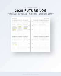 Year At A Glance, 2025 Calendar Sheet, Instant Download, Year on 2 Pages, Annual Agenda Overview, 2025 Planner PDF, Full Year 2025 Quarterly Calendar  [💡MonthlyJoy's CheckPoint!] 2025 𝑭𝒖𝒕𝒖𝒓𝒆 𝑳𝒐𝒈 𝑷𝒓𝒊𝒏𝒕𝒂𝒃𝒍𝒆 𝑷𝒆𝒓𝒔𝒐𝒏𝒂𝒍 𝑷𝒍𝒂𝒏𝒏𝒆𝒓 𝑰𝒏𝒔𝒆𝒓𝒕𝒔. Using these future log Inserts is a perfect way to manage your entire year more productively and help you to easily plan and keep track of your everyday tasks, events, etc.  · 2 Pages | 2025 Calendar (Jan-Dec), Date & Details · Monday Start only  [📏SIZE] PERSONAL (3.75 x 6.75 inches)