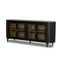 Infuse your interior with timeless midcentury design. Sideboard is composed of a premium stained wood finish, graceful glass doors and brass hardware.