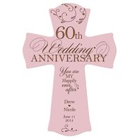 Honor the happy couple with a personalized 60th wedding anniversary wall cross. A treasured and lasting personal keepsake for a wedding or anniversary. 60th Anniversary cross can be hung on a wall. These special keepsakes crosses will always be a wonderful reminder of the love that you have for one another. The verse reads: You are my happily ever after. 60th-anniversary cross Designed exclusively by LifeSong Milestones © 2019 LifeSong Milestones. 60th wedding anniversary decorative wooden wall