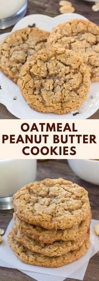 These peanut butter oatmeal cookies are soft, chewy and filled with peanut butter goodness. The oatmeal adds tons of texture, and it's a quick and easy recipe that all peanut butter fans are sure to love. #cookies #peanutbutter #recipes #oatmeal