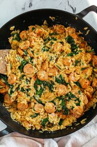 Creamy Chicken Sausage Orzo Skillet - Eat Yourself Skinny