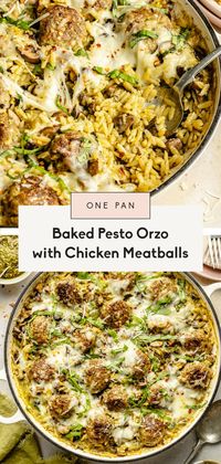 Delicious melt-in-your-mouth pesto chicken meatballs made with shredded zucchini for a boost of nutrition. Paired alongside an incredible creamy pesto orzo with vitamin D packed mushrooms and brightness from lemon! Get your veggies and nutritious in, all while having a comforting well-rounded meal.