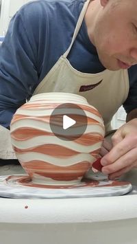 Jon Puzzuoli on Instagram: "Double slip wave using Blue and Brown slip! Haven't tried this combo before, but I bet it is gonna be cool. Stay tuned for the results.  #artreelsofinstagram #artreels #potteryreels #studiopottery #potterylove #potterywheel #glazingpottery #potterydesign"