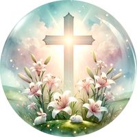 "Embrace the spirit of renewal and celebrate the joy of Easter with our enchanting Round Easter Sign featuring a beautiful cross. Handcrafted with precision and love, this elegant piece is a timeless addition to your seasonal décor, radiating a sense of faith, hope, and new beginnings. This round waterproof metal wreath sign comes in both 8\" and 10\" with UV Coated to help protect against the sun.  You can use 2 wire/cable mounts for easy attachment, or you can punch your own holes in the metal with a tin or jewelry punch. Packed and shipped with care. The Village Wreath Company is all about a knack for decorating, a love for wreath making, celebrating the holidays and sharing our passion with others. We hope you enjoy our products as much as we do making them! Please do not forget to Fav