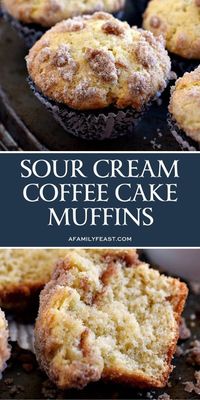 Sour Cream Coffee Cake Muffins - The perfect breakfast muffin! Super moist and delicious thanks to sour cream in the batter and a sweet streusel is baked inside the muffin as well as sprinkled on top!