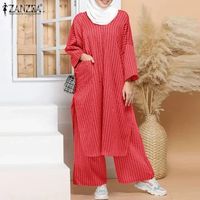 ZANZEA Plus Size Muslim Matching Sets 2 Piece Women Long Sleeve Split Top Striped Print Dubai Turkey Pant Islamic Tracksuit Sets