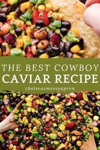 Cowboy Caviar (AKA Texas Caviar) is a delicious side dish or dip with black beans, black-eyed peas, veggies, and a chili-lime vinaigrette. Perfect as a side salad, appetizer, or potluck dish. #sidedish #best #quick #easy #simple #blackeyedpeas #blackbeans #dip #vinaigrette #cowboy #caviar