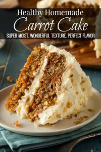 This healthy homemde carrot cake recipe is very moist, has a wonderful texture, with a perfect flavor. Top it with this thick and creamy dairy-free cream "cheese" frosting recipe for an extra spectacular spring dessert. Bakerette.com | vegan, dairy-free