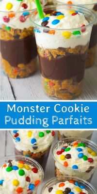 Monster Cookie Pudding Parfaits are a fun and easy no bake dessert perfect for summer. These colourful dessert cups are loaded with oatmeal peanut butter cookie dough, chocolate pudding and mini M&Ms.