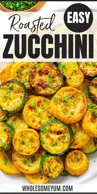 This roasted zucchini and squash recipe is baked to perfection and seasoned with Italian seasoning and garlic powder. Just 15 minutes! #wholesomeyum