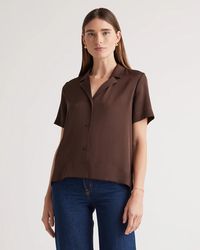 Washable Stretch Silk Short Sleeve Notch Collar Blouse