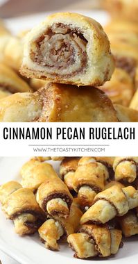 Cinnamon Pecan Rugelach recipe - by The Toasty Kitchen. Cinnamon pecan rugelach are buttery, flaky crescent-shaped pastries filled with a sweet pecan filling. Perfect for your next holiday cookie tray! #cookies #rugelach #pastry #cinnamon #cinnamonpecan #jewish #crescentcookie #homemade #pecans #hanukkah #roshhashana #recipe