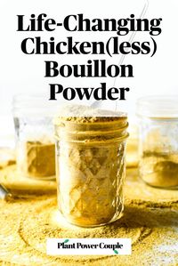 Make your own vegan chicken-style bouillon powder with 7 simple ingredients, 1 food processor, and less than 10 minutes. Use it to make THE most flavorful chicken-free broth for soups, stews, seitan + tofu marinades, etc. This is the No. 1 reader-rated recipe on our site and a staple in our kitchen! #vegan #veganchicken #veganrecipe #easyveganrecipe #nutritionalyeast #turmeric #plantbased #vegansoup #plantbased #homemade #marinades #veganpantrystaples #pantrystaples