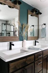 This paint color is stunning with rich wood-grained trim like we used in our master bathroom. It would also look great with a contrasting white trim or tile for extra pop.