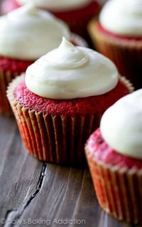 Fluffy and moist, these buttery red velvet cupcakes are my favorite. The tangy cream cheese frosting puts them over the top!