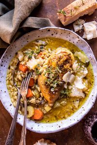 One skillet Roasted Herb Butter Chicken and Orzo...great for a weeknight, but equally fancy enough to serve up at your next holiday dinner!