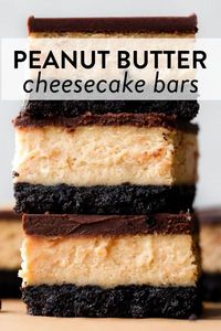 Seriously indulgent and creamy, these chocolate peanut butter cheesecake bars are like eating a peanut butter cup in cheesecake form. #peanutbutter #cheesecake #baking