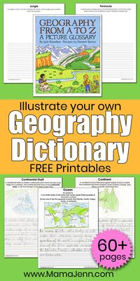 Download 60 FREE Geography from A to Z notebooking / copywork printables to create your own illustrated geography dictionary!