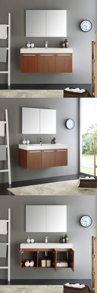 Take your bathroom from basic to beautiful with the Vista line. The trendy sink has clean lines and a chic rectangular shape, while the contemporary Teak wall mounted bathroom vanity offers superior storage, soft close doors and sleek brushed pulls.