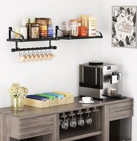 Wall Shelves with 8 Hooks for Kitchen, 17.3 Inch Storage Shelves Set of 2 for Bedroom,Living Room，Black