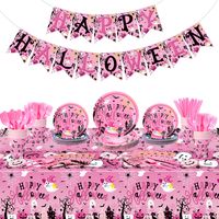 PRICES MAY VARY. Pink Halloween Tableware Set: includes 24 x 7 inch dessert plates, 24 x 9 inch dinner plates, 24 x 9 OZ cups, 24 x napkins, 24 x forks, 24 x knives, 24 x spoons, 1 x Happy Halloween banner, 2 x disposable pink tablecloth, ample quantity allow you to serve twenty four guests at one time and decorate your Halloween party Distinctive Pink Halloween Design: this happy Halloween tableware set is all designed in a pink color background, printed with classic pumpkin, ghost, bat, spider