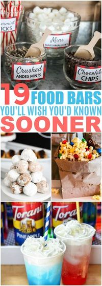 These 19 DIY Food Bar Ideas Are PERFECT For Your Next Party! I love all the ideas for appetizers, main courses, desserts and snacks!