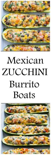 Zucchini Burrito Boats are a simple meatless and gluten-free meal packed full of Mexican flavor! INGREDIENTS: 4 large zucchini 1 (15 ounce) can black beans, drained and rinsed 1 cup cooked brown rice 1 cup salsa (use your preferred level of spiciness) 1 red bell pepper, cored and diced 1/2 red onion, diced 1/2 cup corn kernels 1 jalapeno (or poblano pepper), cored and diced 1 tablespoon + 1 teaspoon olive oil 2 teaspoons cumin 1 teaspoon chili powder 1/2 cup fresh cilantro, fi...