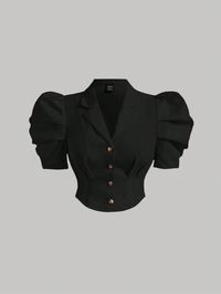 Black Casual Collar Short Sleeve Woven Fabric Plain Shirt,Top Embellished Slight Stretch  Women Plus Clothing