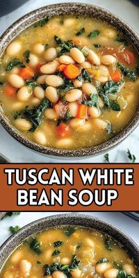 🍲 Tuscan White Bean Soup is a must-try dish that’s perfect for cozy nights or healthy meal prepping! This hearty and flavorful Italian soup is packed with protein-rich white beans, fresh vegetables, and aromatic herbs like rosemary and thyme.   👉 Pin this recipe now to save for later! 📌 Try making this easy, comforting soup and impress your family with its rich, savory taste.   #HealthyEating #EasyRecipes #TuscanSoup #VegetarianRecipes #MealPrep