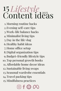 Looking for fresh Content Ideas for TikTok and Content Ideas for Instagram? These 15 killer Lifestyle Content Ideas will help you create engaging videos and posts to captivate your audience. From productivity hacks and self-care routines to minimalist living tips, these lifestyle content ideas are perfect for content creators aiming to inspire and engage their followers. Whether you’re sharing your daily routine or sustainable living hacks, these Content Ideas for TikTok and Instagram will elevate your social media game in 2025! #lifestyle #lifestylecontent #influencer #instagram #tiktok #contentidea #contentideas