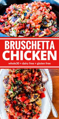 Healthy Bruschetta Chicken contains many of the flavors you love from traditional bruschetta but now you can enjoy it for dinner! Fresh ingredients and a thick balsamic reduction make this dish a family favorite! Plus it's Whole30, dairy free, and gluten free.  via @thewholecook