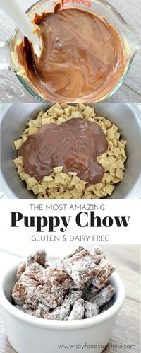 The best puppy chow recipe in the universe. Clumps of chocolate peanut butter goodness held together by just enough powdered sugar. An easy treat with only 4 ingredients! Gluten-free & dairy-free & vegan!