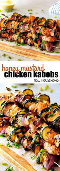 These easy Honey Mustard Chicken Kabobs are so juicy and exploding with flavor in every mouthwatering bite!  Quite possibly the most delectable chicken kabobs you will ever eat and bonus they can be grilled or baked! via @realhousemoms