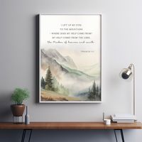 Psalm 1211-2 My help comes from the lord Bible Verse Poster wall art, Modern Christian watercolor landscape Scripture quote home decor