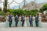 Eden Project wedding in Cornwall, cornwall wedding, biome wedding, tropical wedding, Mediterranean wedding, olive bridesmaid dresses, uk wedding, cornish wedding, green bridesmaids, tropical flowers, palm trees, family photo, formal photo ideas, wedding party ideas, group wedding photo