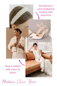 Elegance should not be boring! Keep your look cool and chic by pairing our Yuri Gown with fun accessories. Choose beaded ankle strap heels and a bold pearl headband in lieu of a tradition veil. Complete took with a faux fur jacket for a contemporary and slightly edgy bridal style. Check out our other styling boards, or visit our website Lookbooks for more wedding style inspiration!