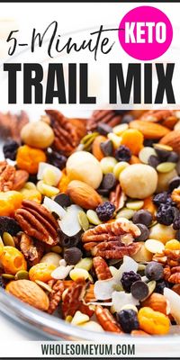 This low carb keto trail mix has nuts, chocolate, and dried fruit - all with no added sugar and only 5g net carbs! Super easy to make in just 5 minutes. #wholesomeyum