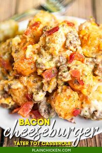 Bacon Cheeseburger Tater Tot Casserole - hamburger, bacon, cheese, cheese soup, sour cream and tater tots - what's not to love? We ate this twice in one day! Can be made ahead of time and refrigerated or frozen for later. You can also divide it between two 8x8-inch foil pans and freeze one. Great for a potluck and tailgating this fall! #casserole #hotdish #tatertots #groundbeef #bacon