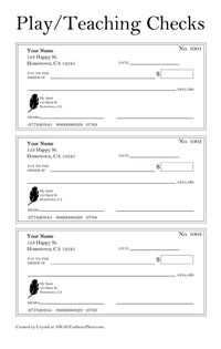 A Well-Feathered Nest: Play Checks. Easy to make a check book by stapling a colored notepad page over several copies.