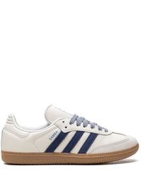 "Find ADIDAS Samba Og \"\"off Dark Blue\"\" Sneakers on Editorialist. off-white blue leather front lace-up fastening signature 3-Stripes logo logo patch at the tongue contrasting laces round toe branded insole gum-rubber sole These styles are supplied by a premium and authenticated sneaker marketplace. Stocking only the most sought-after footwear, they source and curate some of the most hard to find sneakers from around the world."